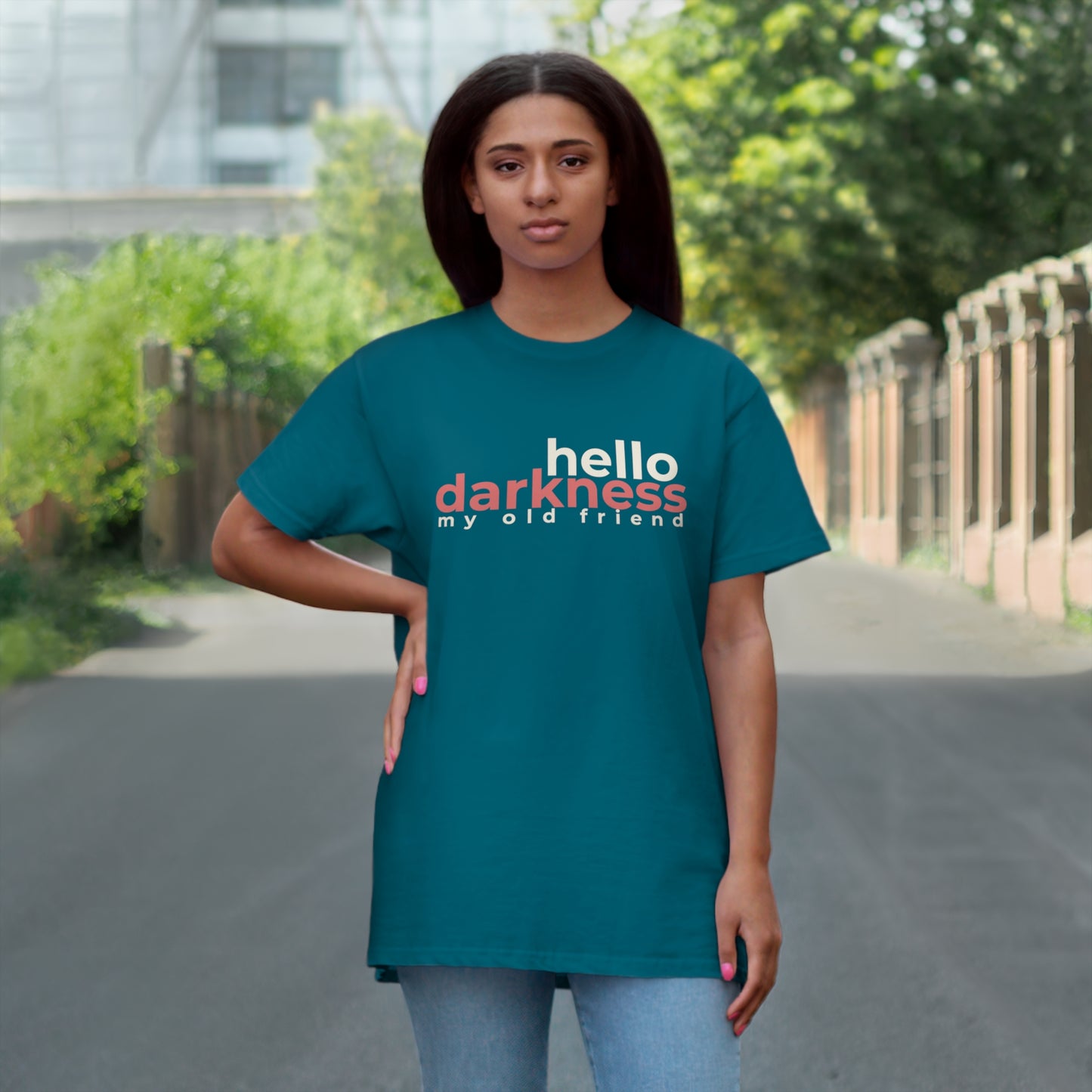 Uniseks T-Shirt - 'Hello darkness my old friend'