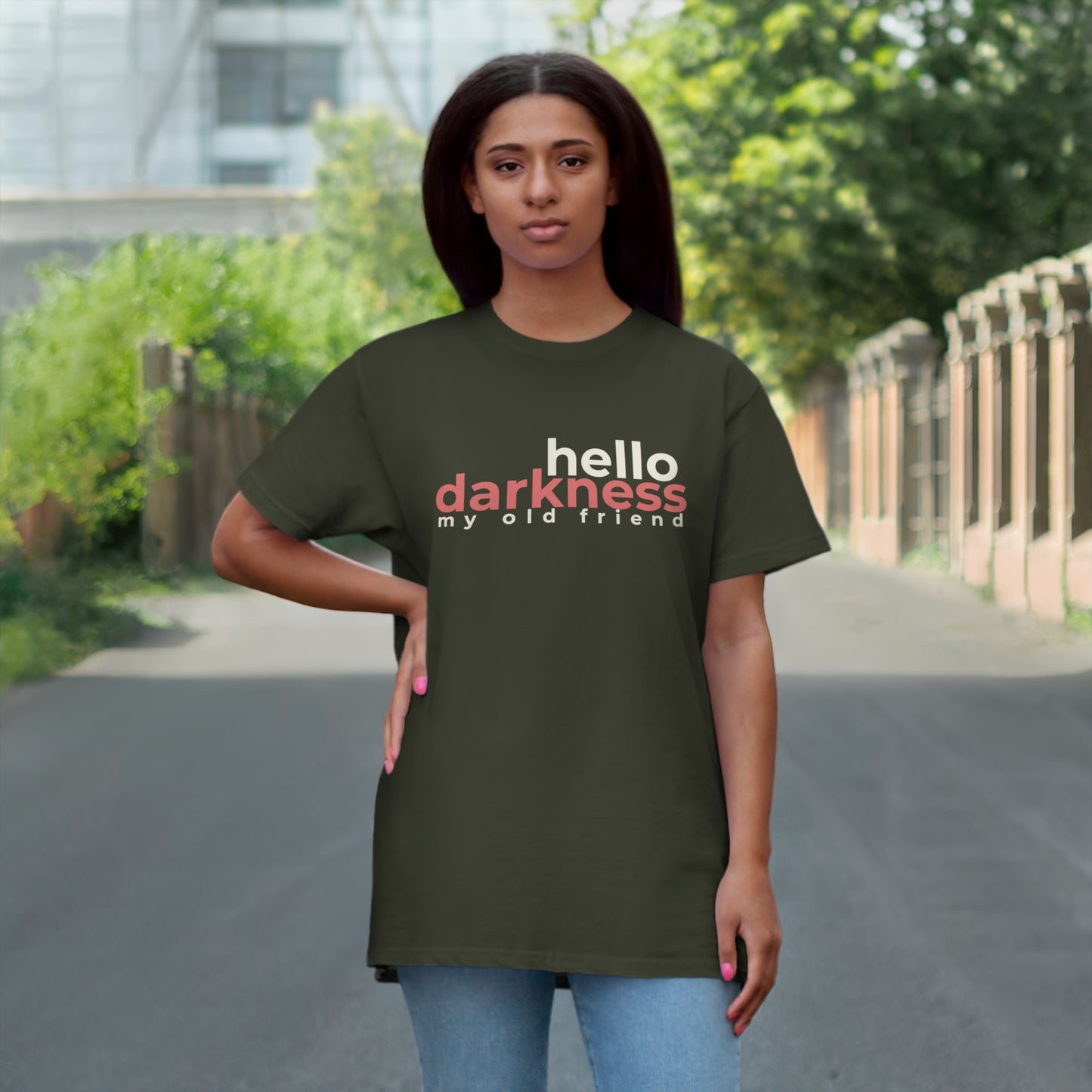 Uniseks T-Shirt - 'Hello darkness my old friend'